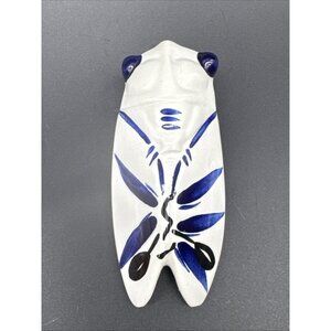 Vintage Ceramic Cicada Bug Blue White Botanical Mini 4” Wall Pocket Kitsch